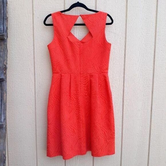 Ellen Tracy Sheath Dress V-neck Keyhole Cutouts Animal Textured Pockets Orange - Picture 10 of 12